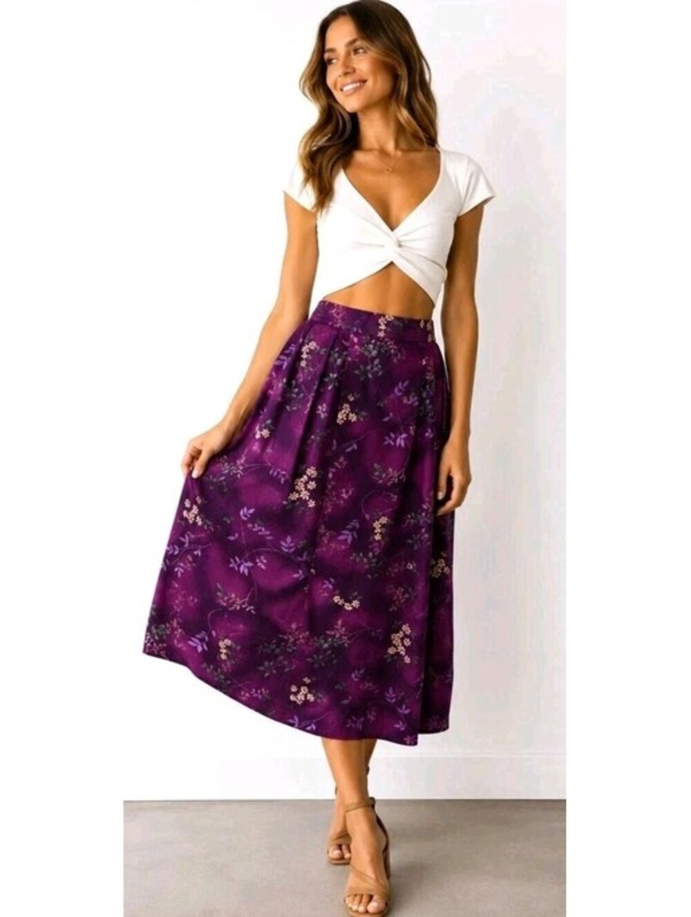 Bentley Women's Skirt Size 20 Purple Floral Rayon Pleated Elastic Waist Back #4
